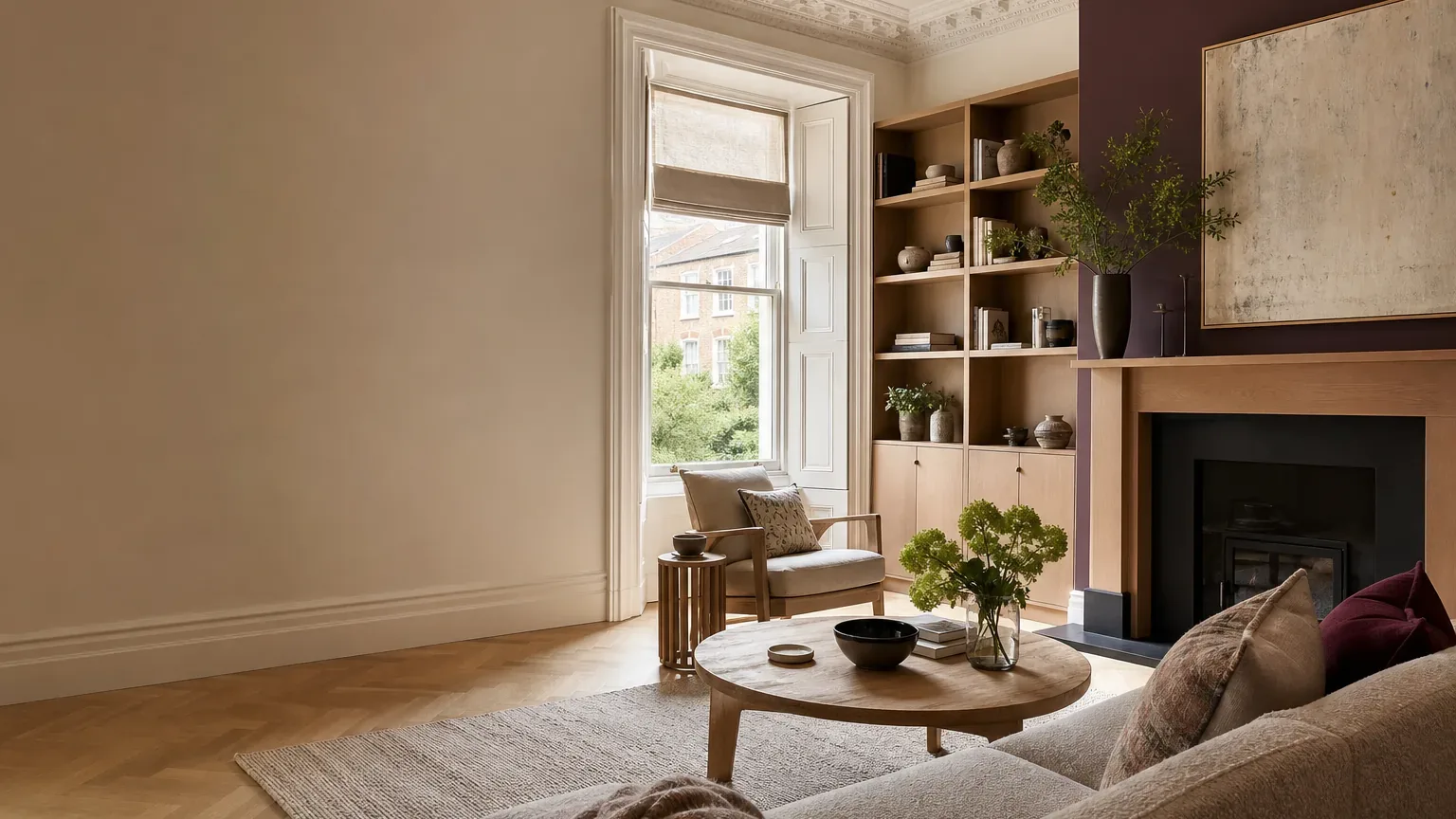 Illustrative AI-generated interior design for a warm Manchester period living room